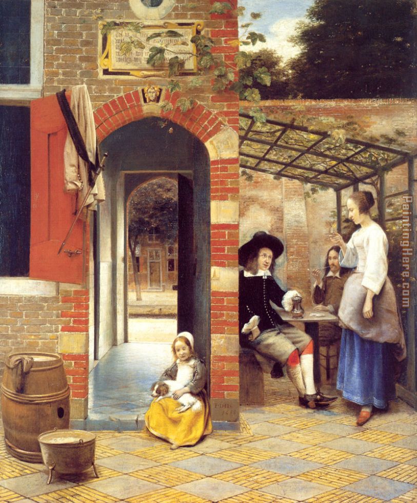Pieter de Hooch Figures Drinking in a Courtyard